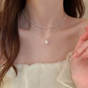 🍏50% OFF/3+...Double Chain Necklace With Freshwater Pearl Pendant (Silver tone)